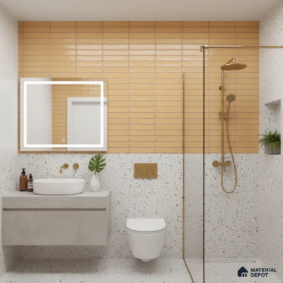 Modern bathroom with mustard kitkat wall tiles and terrazzo wall and floor tiles | Material Depot
