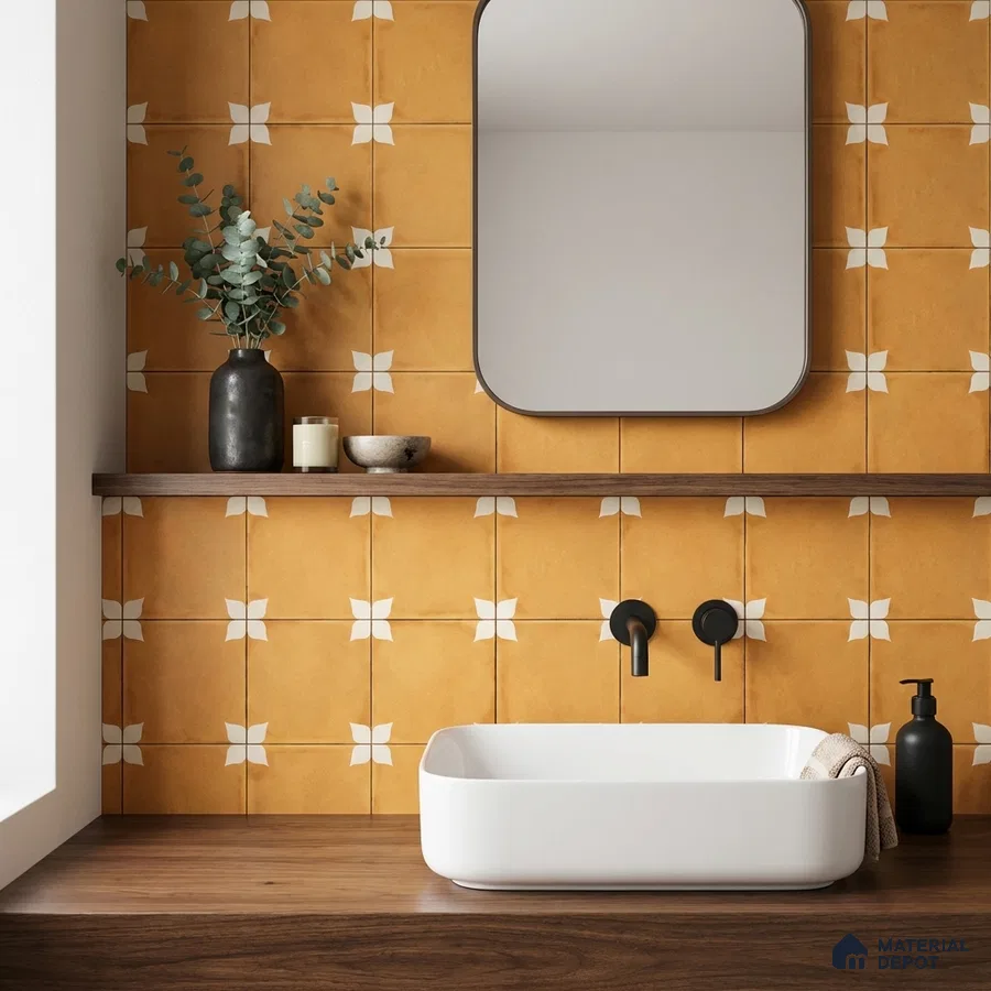 Modern bathroom with mustard patterned wall tiles and walnut wood countertop