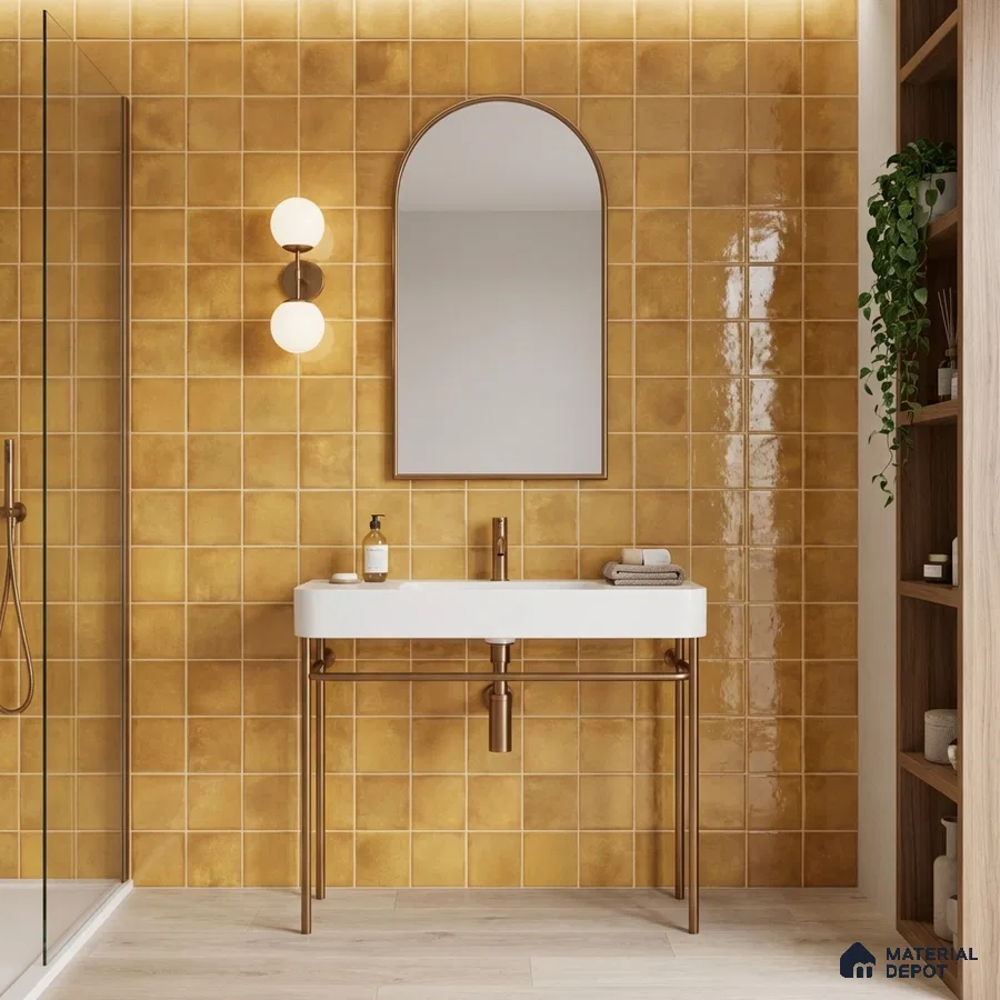 Modern bathroom with mustard yellow glossy wall tiles and white basin