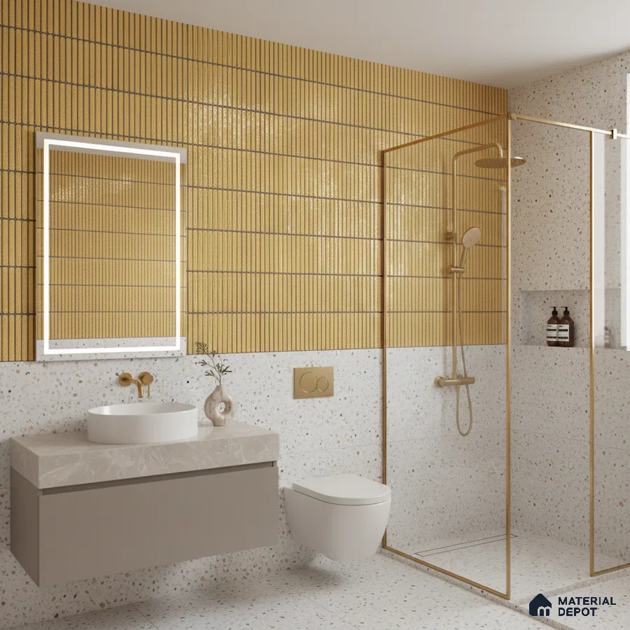 Modern bathroom with mustard yellow kitkat wall tiles and terrazzo floor and wall tiles | Material Depot