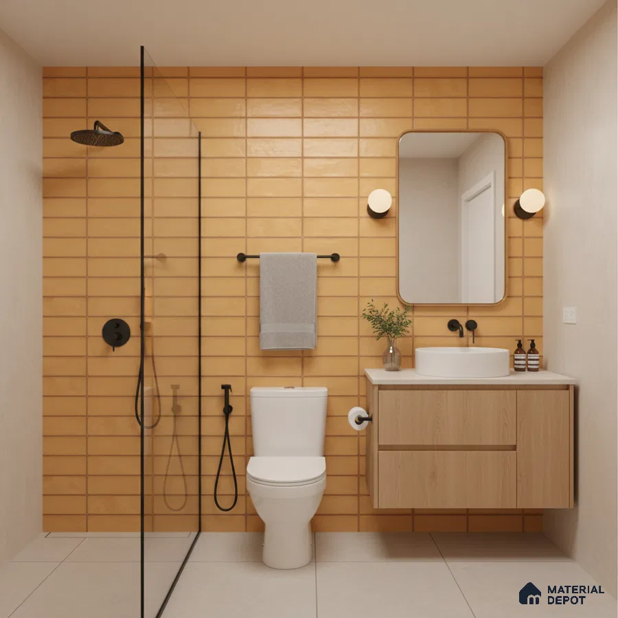 Modern bathroom with mustard yellow subway wall tiles and light oak laminate vanity | Material Depot