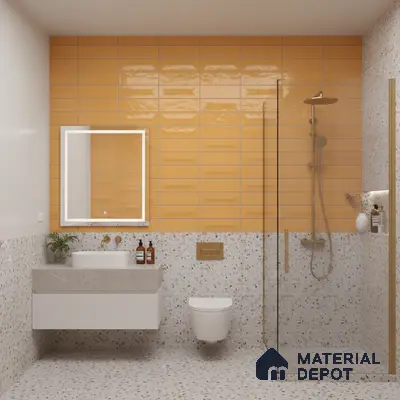 Modern bathroom with mustard yellow subway wall tiles and terrazzo floor and wall tiles | Material Depot