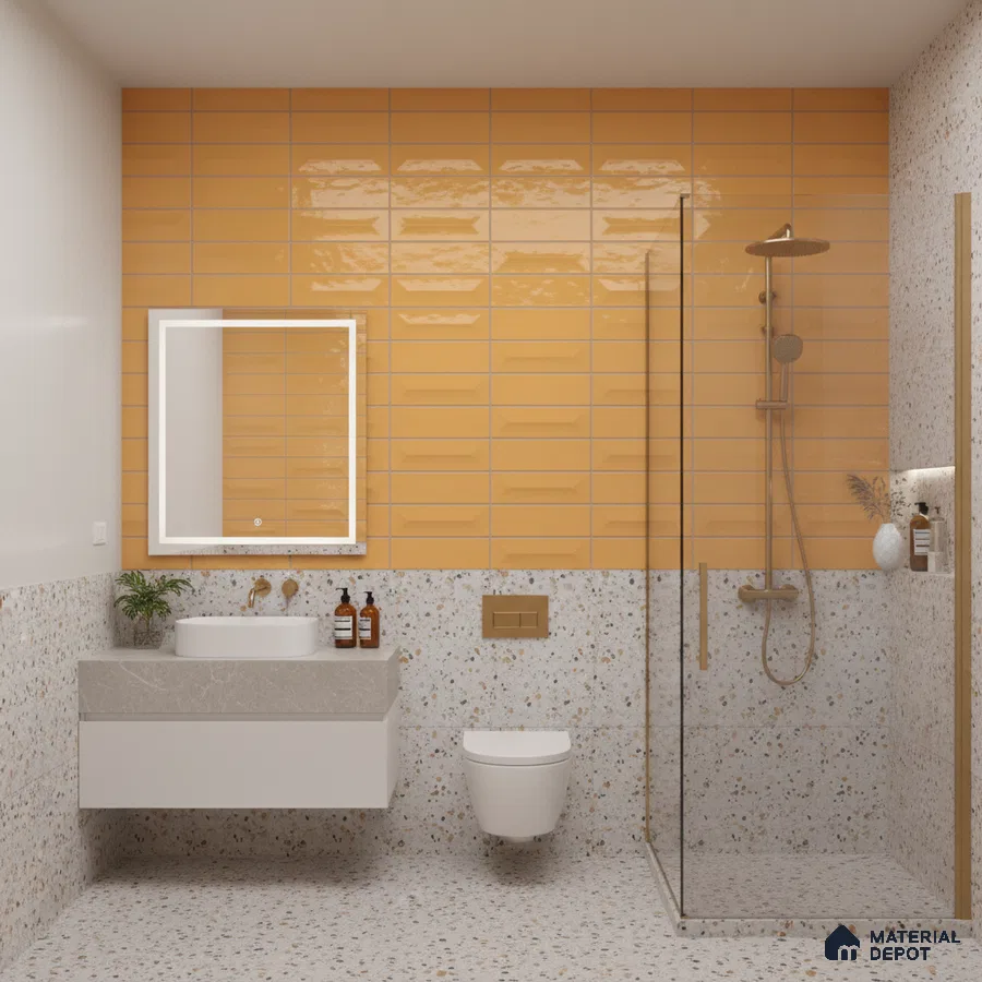 Modern bathroom with mustard yellow subway wall tiles and terrazzo floor and wall tiles | Material Depot