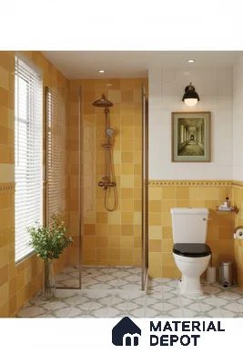 Modern bathroom with mustard yellow wall tiles and patterned geometric floor tiles | Material Depot