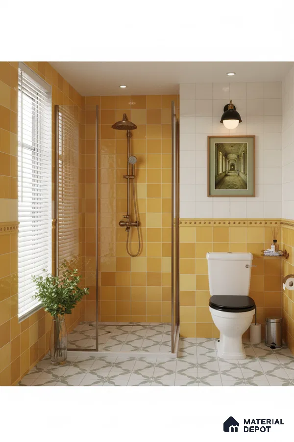 Modern bathroom with mustard yellow wall tiles and patterned geometric floor tiles | Material Depot
