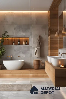Modern Bathroom with Natural Elements and Warm Wood Tones | Material Depot