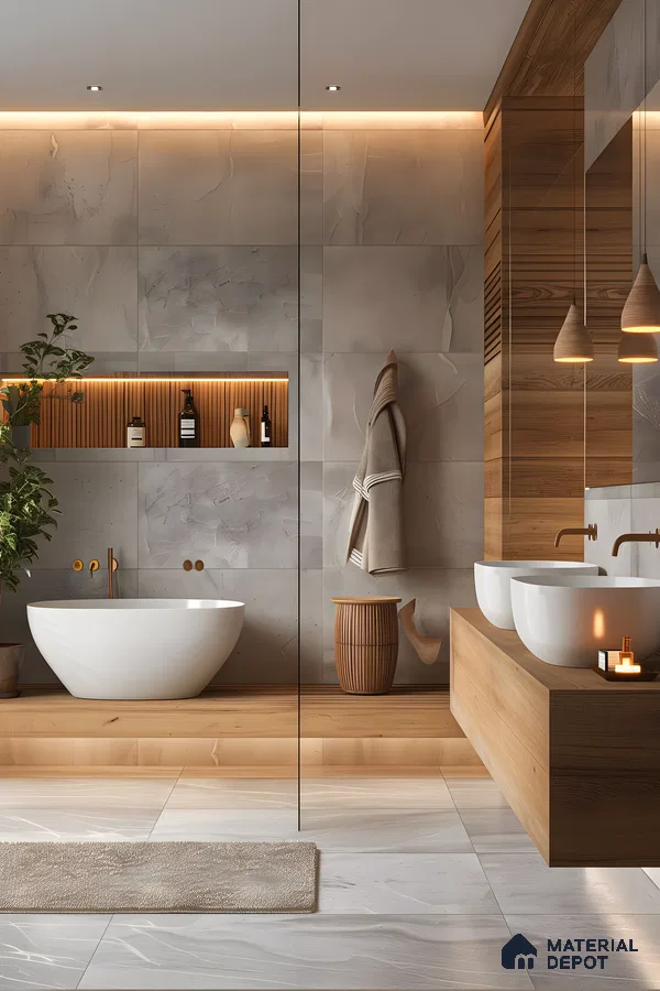 Modern Bathroom with Natural Elements and Warm Wood Tones | Material Depot