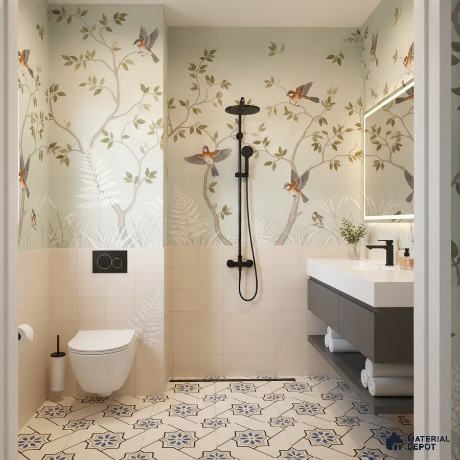 Modern bathroom with nature wallpaper, beige wall tiles, and blue geometric patterned floor tiles in Bengaluru | Material Depot
