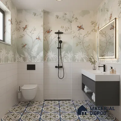 Modern bathroom with nature wallpaper, white subway wall tiles, and blue-green patterned floor tiles in Bengaluru | Material Depot