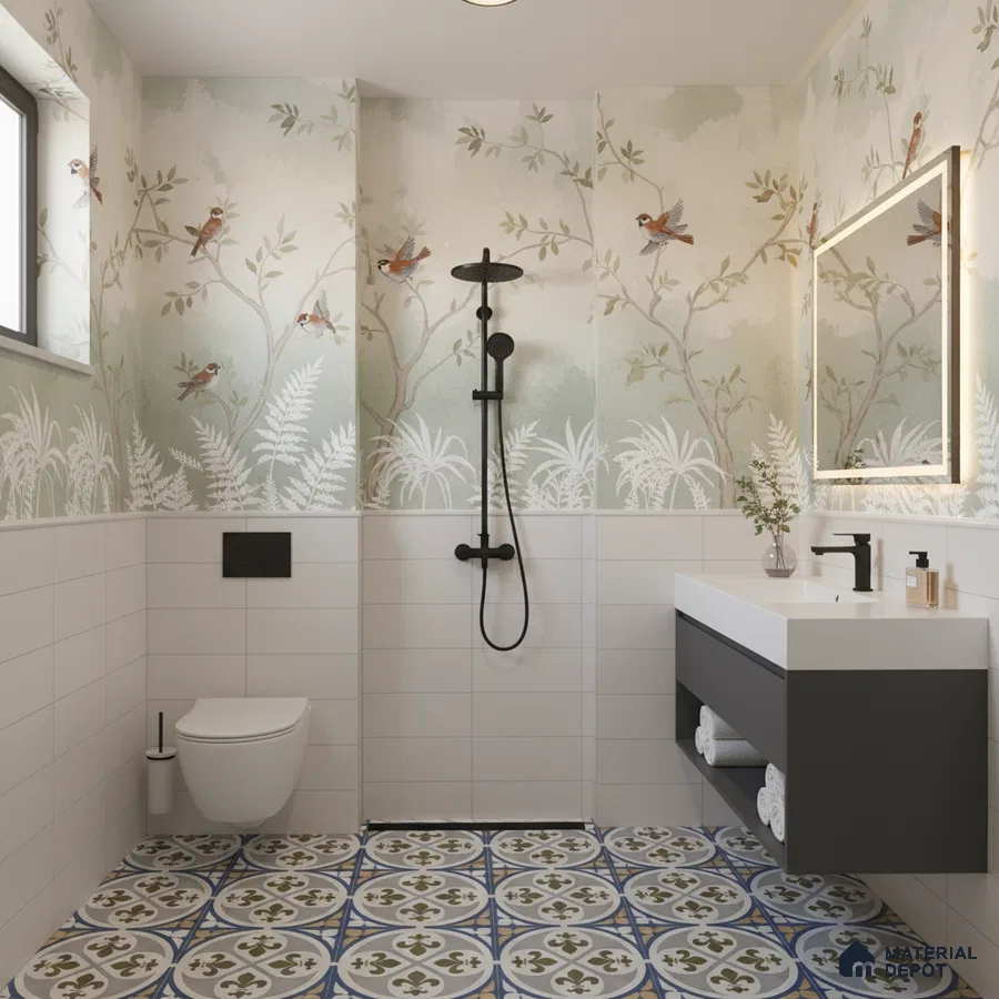 Modern bathroom with nature wallpaper, white subway wall tiles, and blue-green patterned floor tiles in Bengaluru | Material Depot