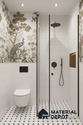 Modern bathroom with nature wallpaper, white vertical subway wall tiles, and black-and-white geometric floor tiles | Material Depot