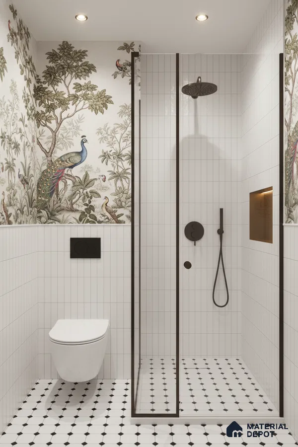 Modern bathroom with nature wallpaper, white vertical subway wall tiles, and black-and-white geometric floor tiles | Material Depot