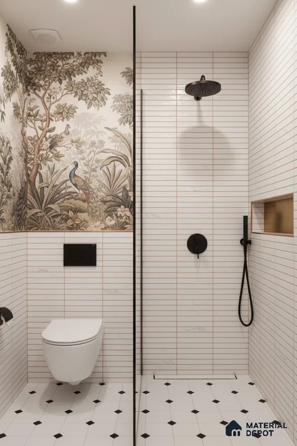 Modern bathroom with nature-themed wallpaper, white linear wall tiles, and geometric black-and-white floor tiles | Material Depot