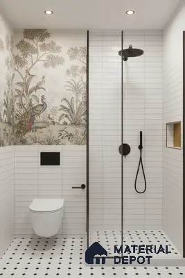 Modern bathroom with nature-themed wallpaper, white subway wall tiles, and black-and-white geometric floor tiles | Material Depot