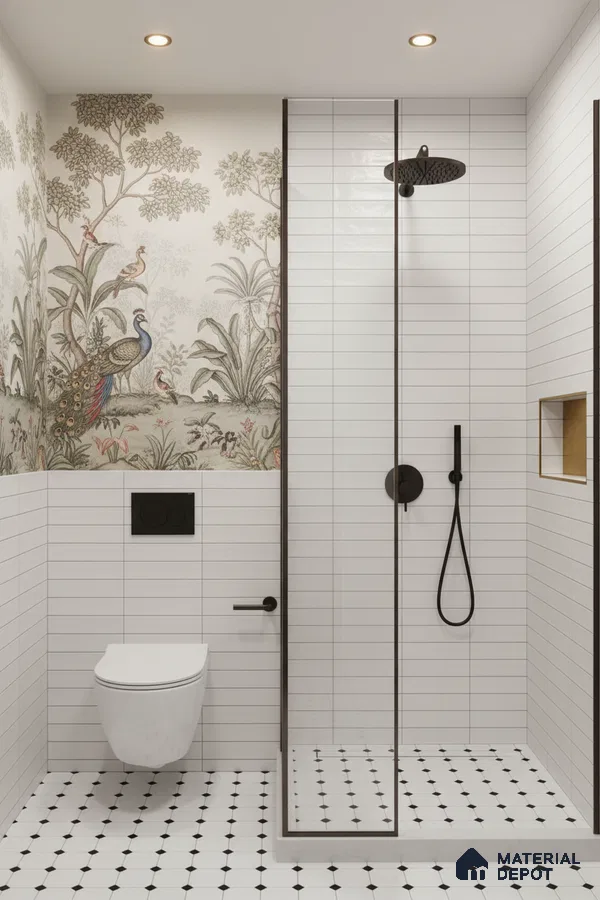 Modern bathroom with nature-themed wallpaper, white subway wall tiles, and black-and-white geometric floor tiles | Material Depot