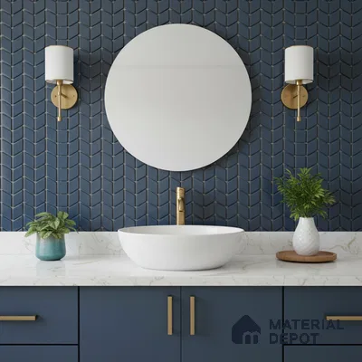 Modern bathroom with navy blue chevron wall tiles and white marble countertop