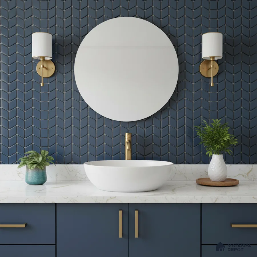 Modern bathroom with navy blue chevron wall tiles and white marble countertop