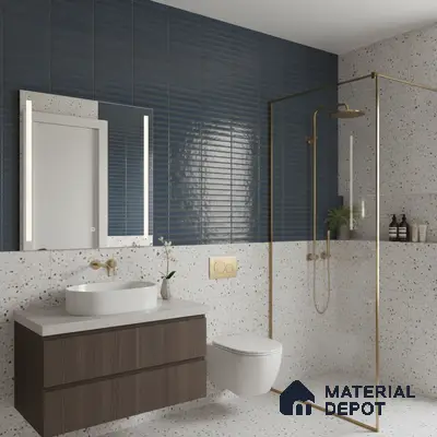 Modern bathroom with navy blue kitkat wall tiles, terrazzo wall and floor tiles, and walnut wood vanity | Material Depot