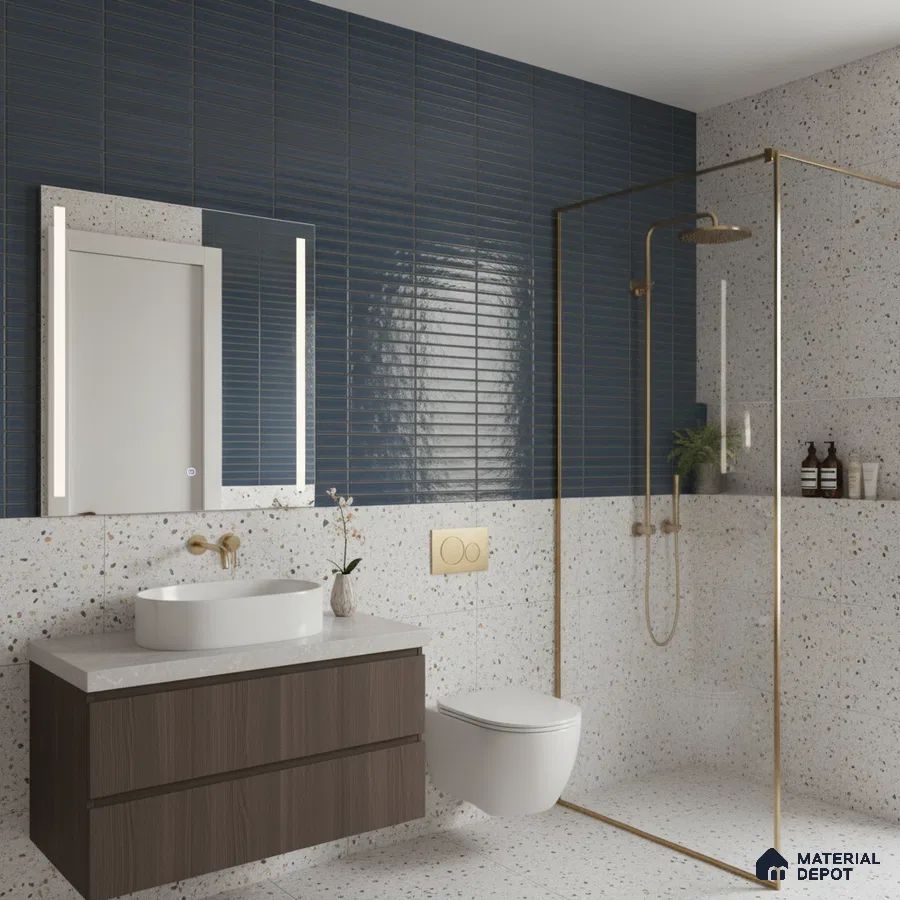 Modern bathroom with navy blue kitkat wall tiles, terrazzo wall and floor tiles, and walnut wood vanity | Material Depot