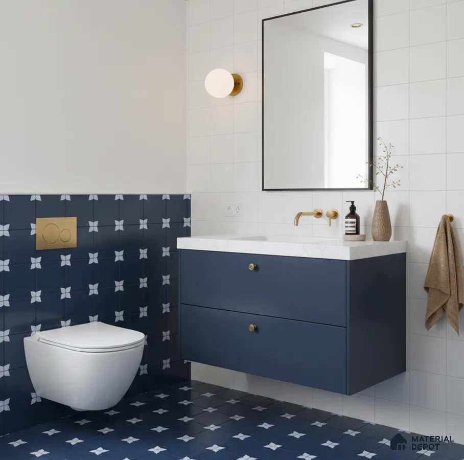 Modern bathroom with navy blue patterned floor and wall tiles, white grid wall tiles, and blue floating vanity in Bengaluru | Material Depot