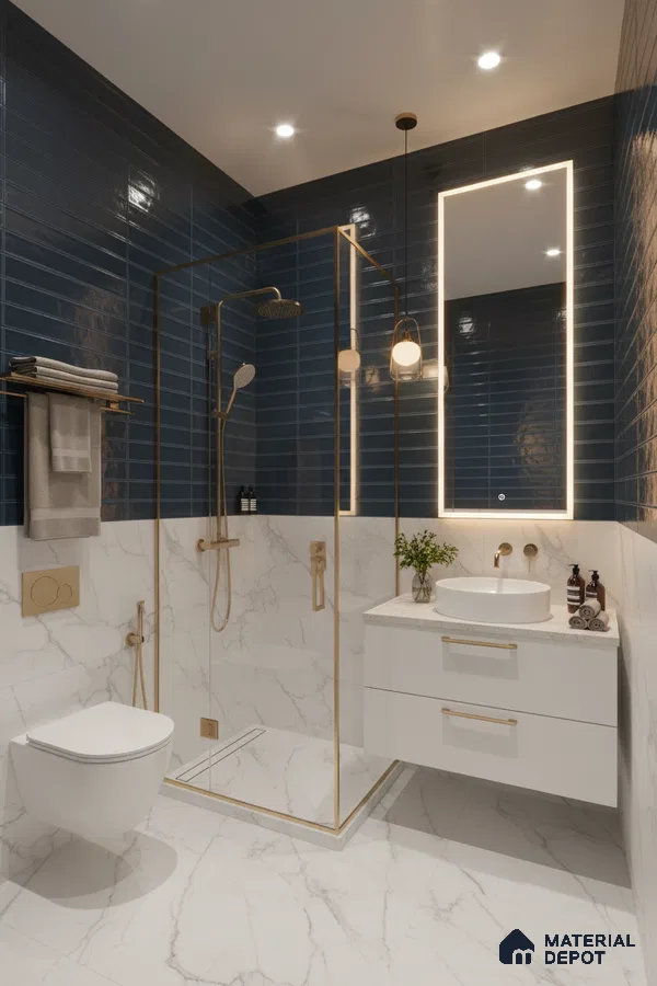 Modern bathroom with navy blue subway wall tiles and white marble-look floor and wall tiles | Material Depot