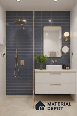 Modern bathroom with navy blue subway wall tiles, white wall tiles, and beige stone floor tiles | Material Depot