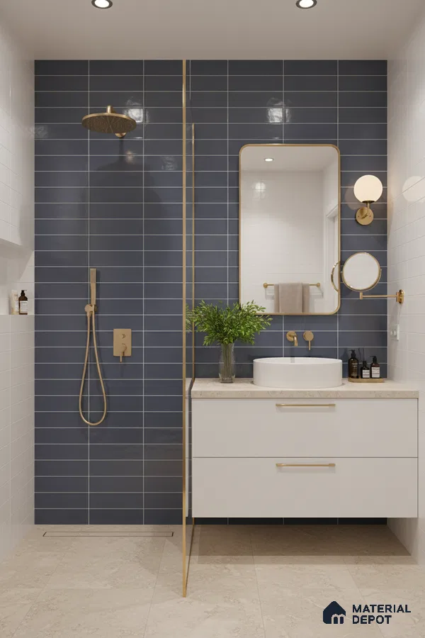 Modern bathroom with navy blue subway wall tiles, white wall tiles, and beige stone floor tiles | Material Depot
