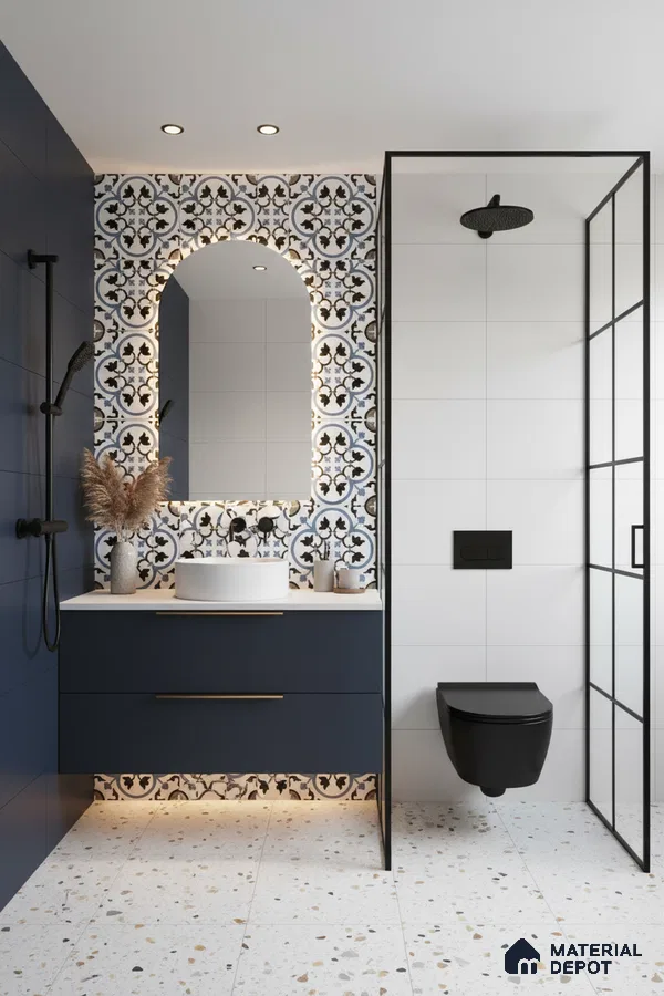 Modern bathroom with navy blue vanity, black and white moroccan wall tiles, and terrazzo floor tiles in Bengaluru | Material Depot