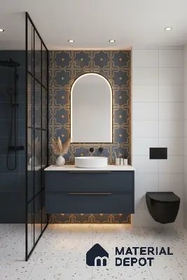 Modern bathroom with navy blue vanity, geometric gold-accent wall tiles, and terrazzo floor tiles in Bengaluru | Material Depot