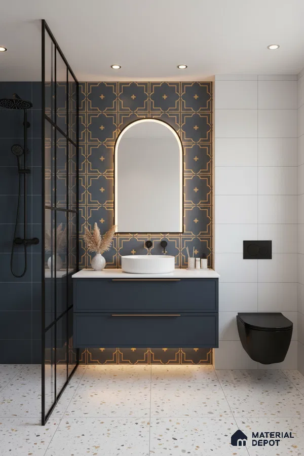 Modern bathroom with navy blue vanity, geometric gold-accent wall tiles, and terrazzo floor tiles in Bengaluru | Material Depot