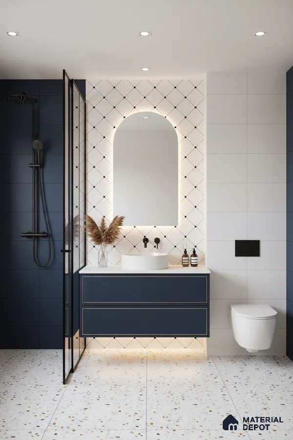 Modern bathroom with navy blue vanity, terrazzo floor tiles, and diamond pattern wall tiles in Bengaluru | Material Depot