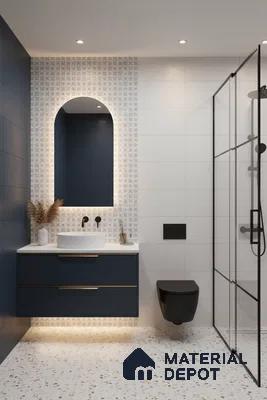 Modern bathroom with navy blue vanity, terrazzo floor tiles, and patterned accent wall tiles in Bengaluru | Material Depot