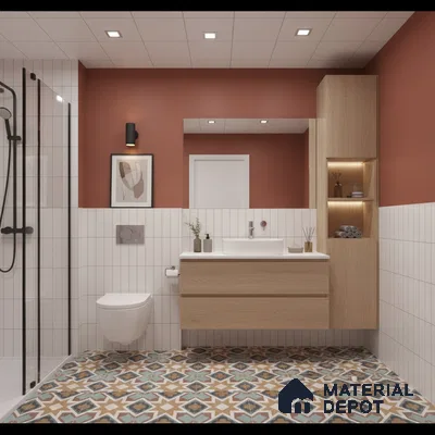 Modern bathroom with oak laminate vanity, white vertical subway wall tiles, and patterned moroccan floor tiles | Material Depot