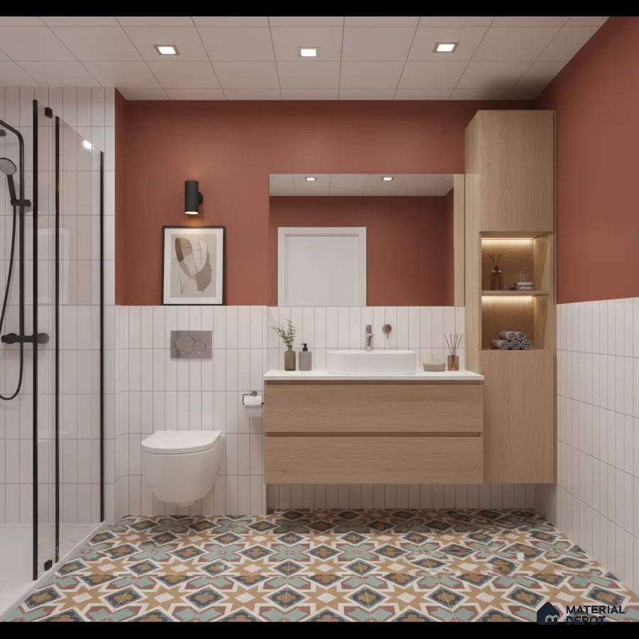 Modern bathroom with oak laminate vanity, white vertical subway wall tiles, and patterned moroccan floor tiles | Material Depot