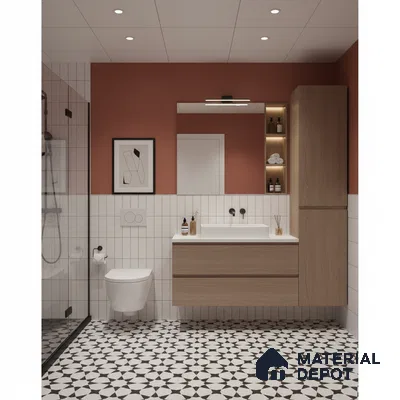Modern bathroom with oak wood laminate vanity, white vertical subway wall tiles, and black-and-white geometric patterned floor tiles | Material Depot