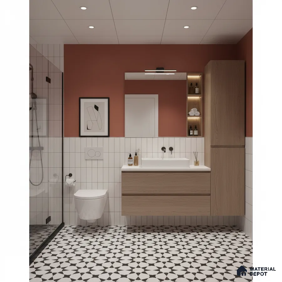 Modern bathroom with oak wood laminate vanity, white vertical subway wall tiles, and black-and-white geometric patterned floor tiles | Material Depot