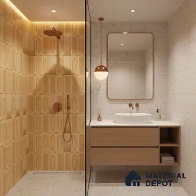 Modern bathroom with ochre 3D geometric wall tiles, terrazzo floor and wall tiles, and light oak floating vanity | Material Depot