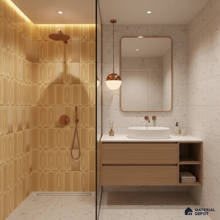 Modern bathroom with ochre 3D geometric wall tiles, terrazzo floor and wall tiles, and light oak floating vanity | Material Depot