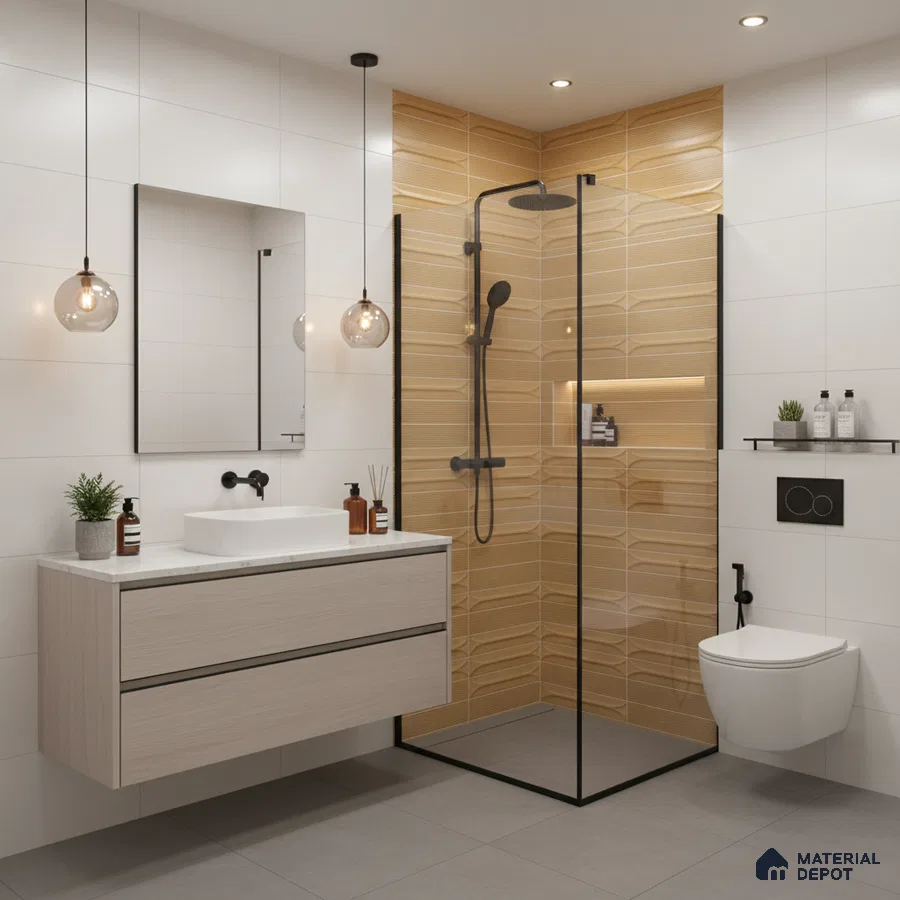 Modern bathroom with ochre geometric highlighter wall tile, white wall tile, and light wood floating vanity | Material Depot
