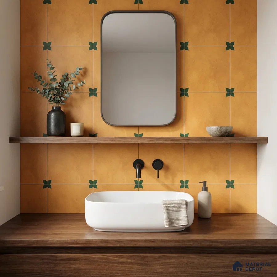 Modern bathroom with ochre patterned wall tiles and walnut wood vanity
