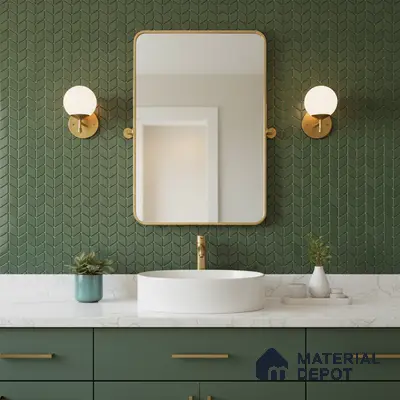 Modern bathroom with olive green chevron wall tiles, white marble countertop, and matte green vanity laminate
