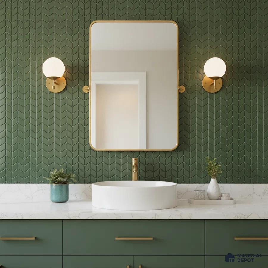 Modern bathroom with olive green chevron wall tiles, white marble countertop, and matte green vanity laminate