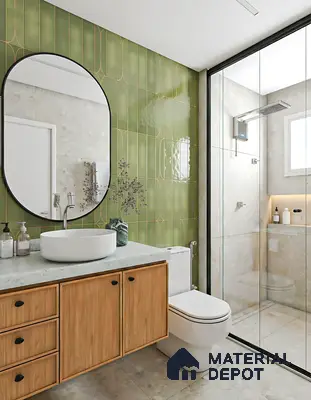 Modern bathroom with olive green geometric wall tiles, light beige stone floor tiles, and wood laminate vanity in Sattva Anugraha Vijayanagar 3 BHK Bengaluru Apartment