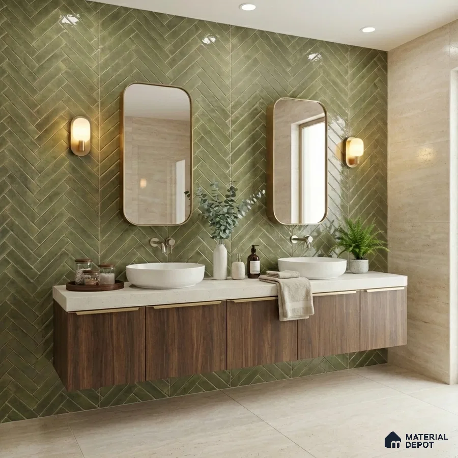 Modern bathroom with olive green herringbone wall tiles and walnut wood laminate floating vanity