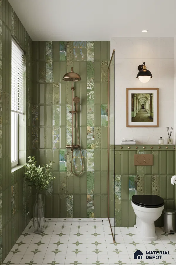 Modern bathroom with olive green kitkat and tropical highlighter wall tiles and patterned white and green floor tiles | Material Depot