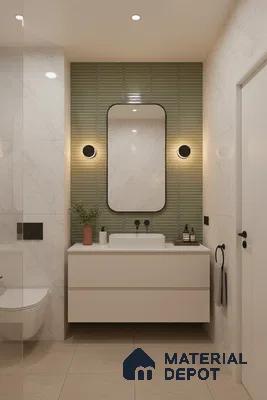 Modern bathroom with olive green kitkat wall tiles and white marble-look wall tiles | Material Depot