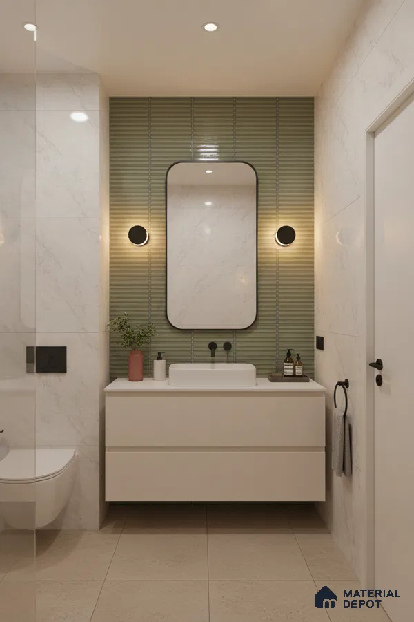 Modern bathroom with olive green kitkat wall tiles and white marble-look wall tiles | Material Depot