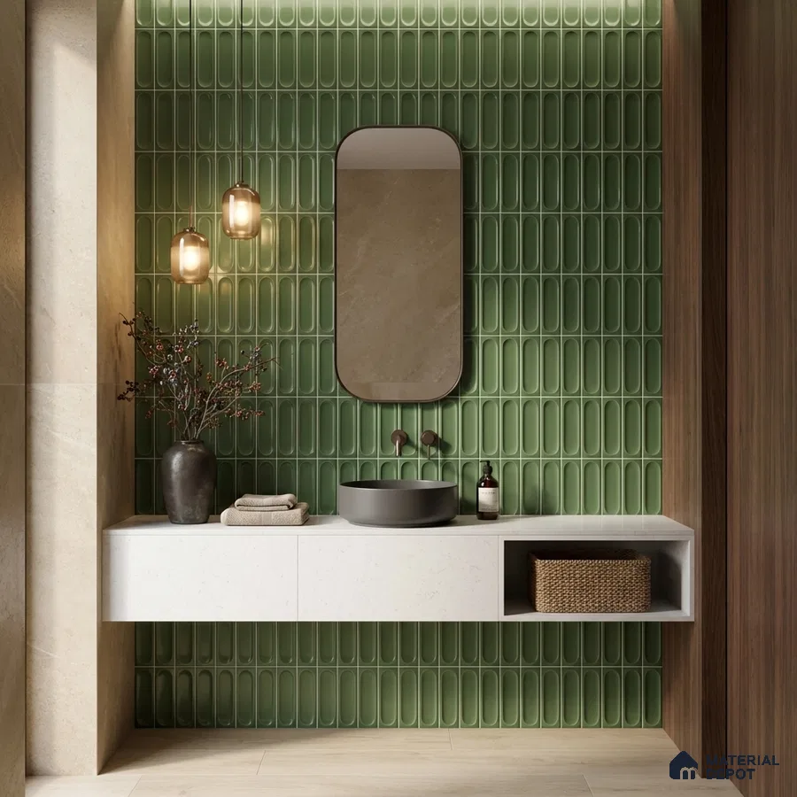 Modern bathroom with olive green kitkat wall tiles and white quartz vanity countertop