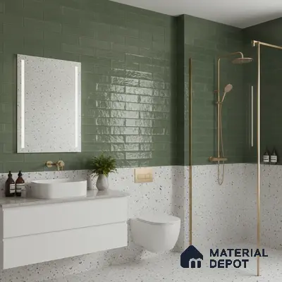 Modern bathroom with olive green subway wall tiles and terrazzo wall and floor tiles | Material Depot