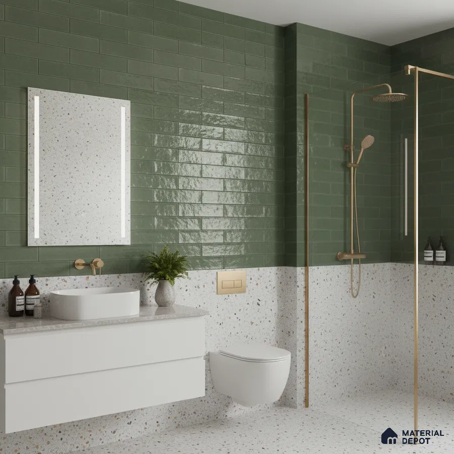 Modern bathroom with olive green subway wall tiles and terrazzo wall and floor tiles | Material Depot